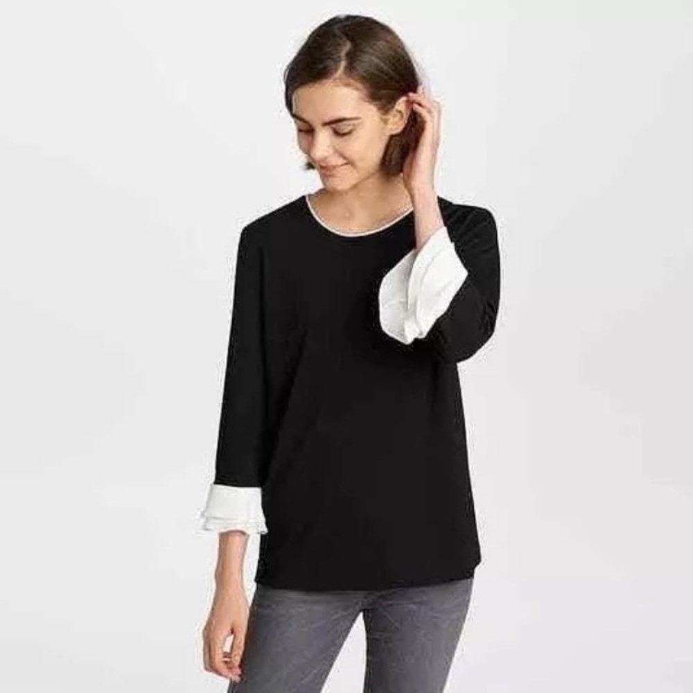 Karl Lagerfeld Paris-Black-Trumpet Sleeve Blouse